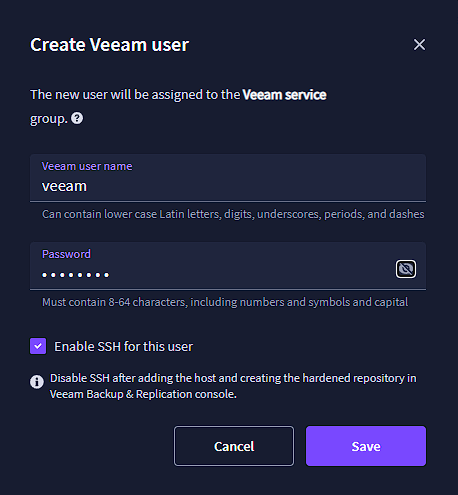 Create Veeam user | Specify the credentials for the new user