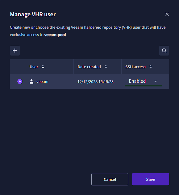 Manage VHR user | Select the newly created user and enable SSH