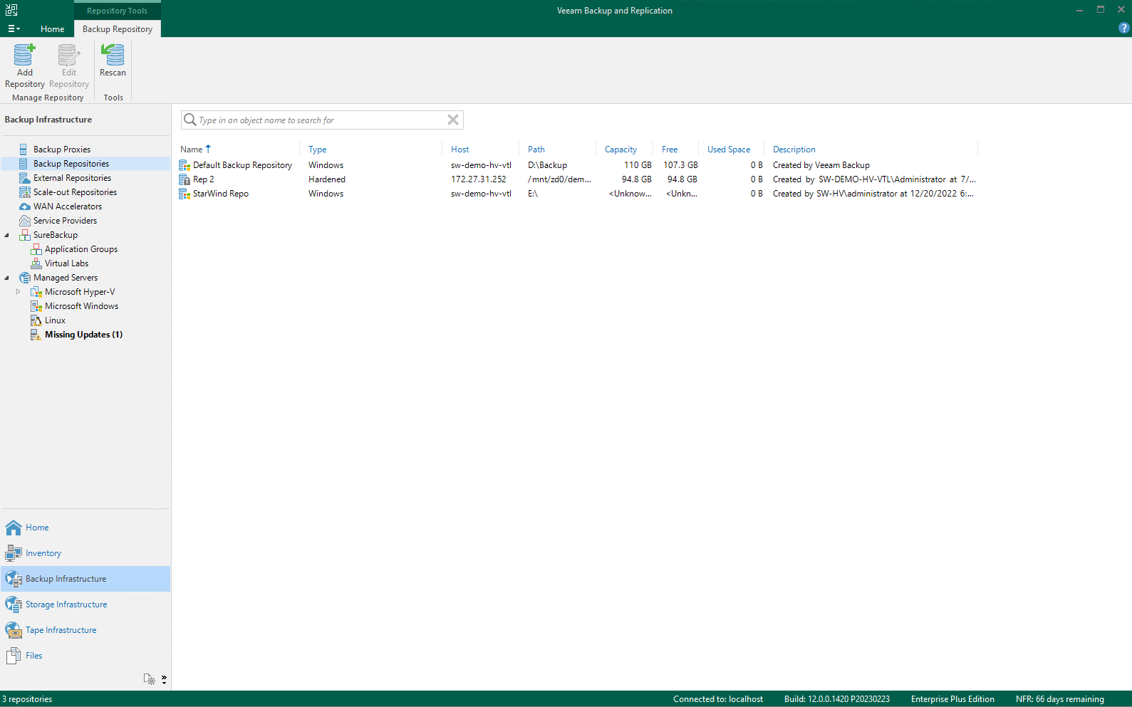 Veeam Backup and Replication console | Navigate to “Backup Infrastructure”, and select “Backup Repositories”