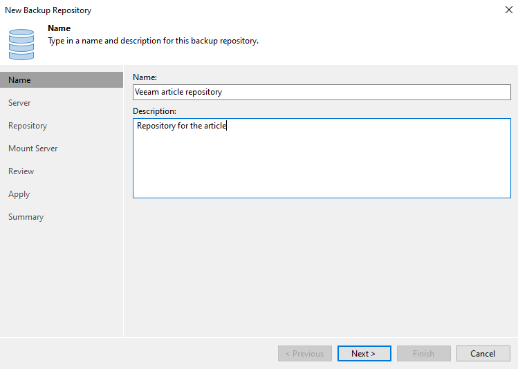“New Backup Repository” wizard | Specify the name and description for the new repository