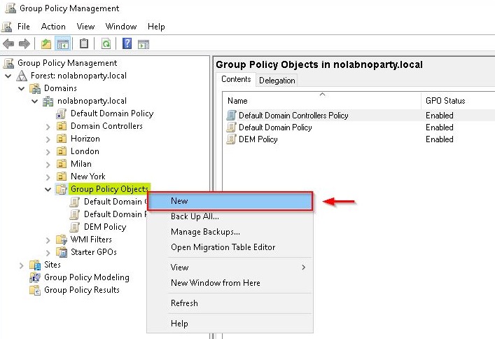 From the Domain Controller open the Group Policy Management and create a new Policy