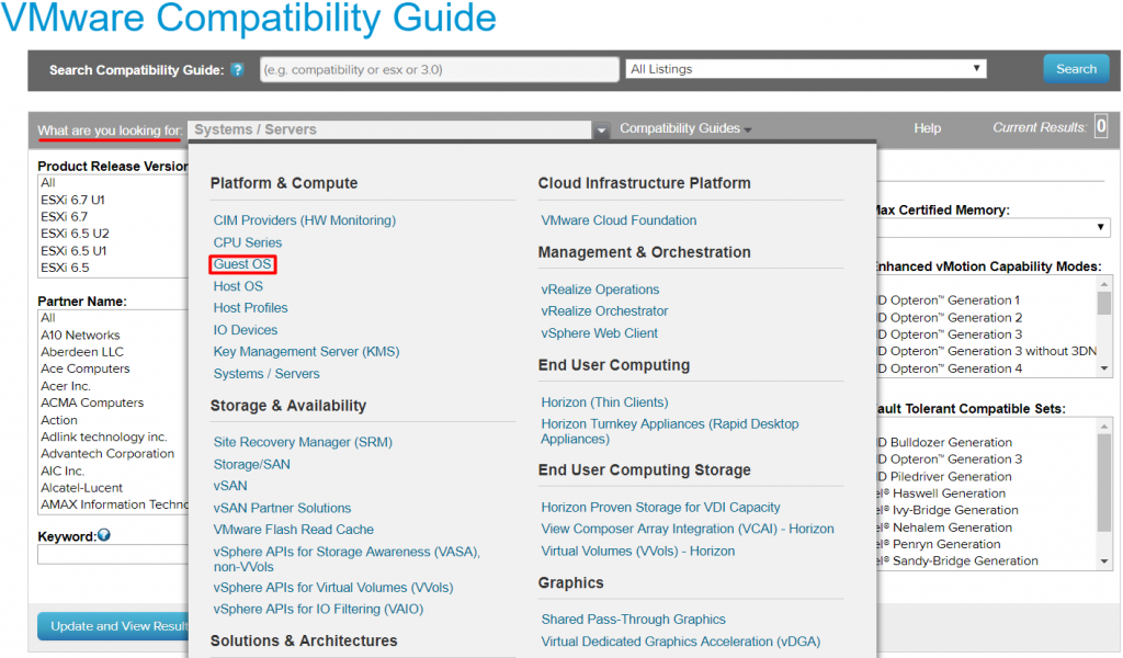 select Guest OS from the What are you looking for: and Search compatibility