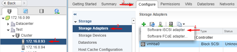 For target connection, you need to connect software iSCSI adapters on both nodes