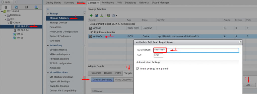 Set up the iSCSI targets list for each adapter