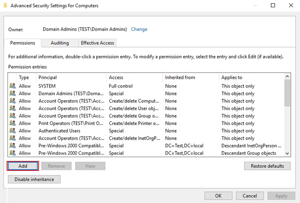 Advanced Security Settings for Computers window press Add