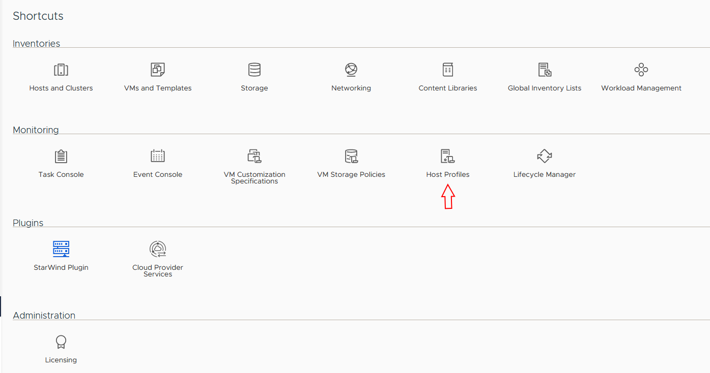 Host Profiles view in vCenter (Shortcuts tab)-img Host Profiles view in vCenter (Shortcuts tab)