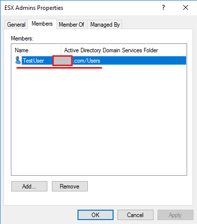 Active Directory - add TestUser to ESX Admins group-img Active Directory - add TestUser to ESX Admins group