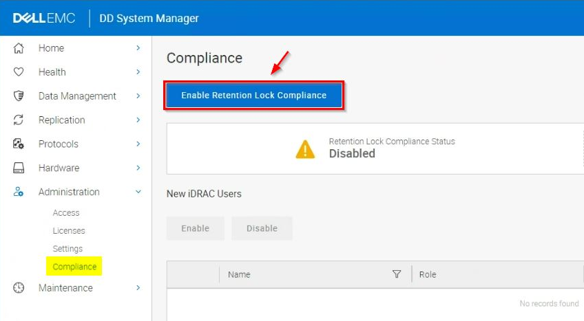 DD System Manager | click Enable Retention Lock Compliance.
