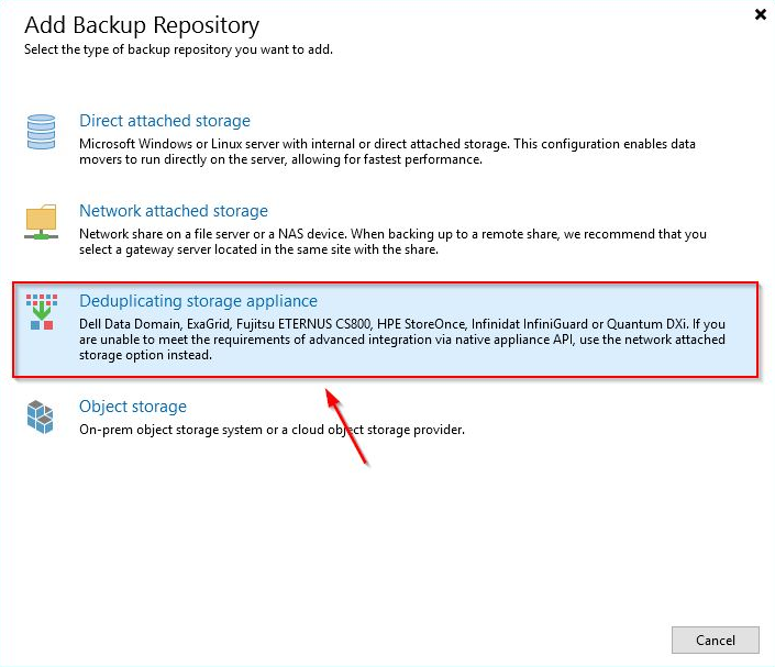Add Backup Repository | Select Deduplicating storage appliance.