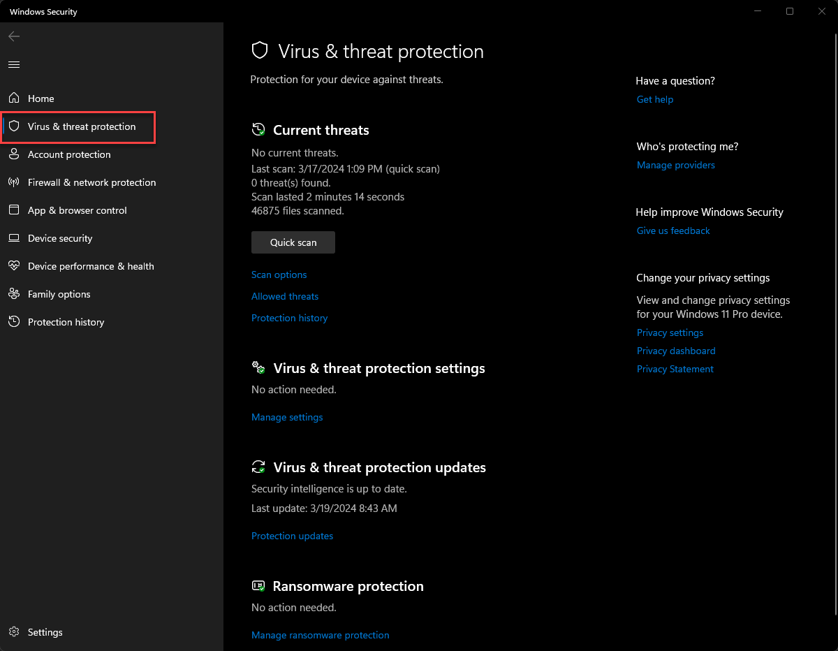Viewing security and virus protection in Windows 11 using Microsoft Defender