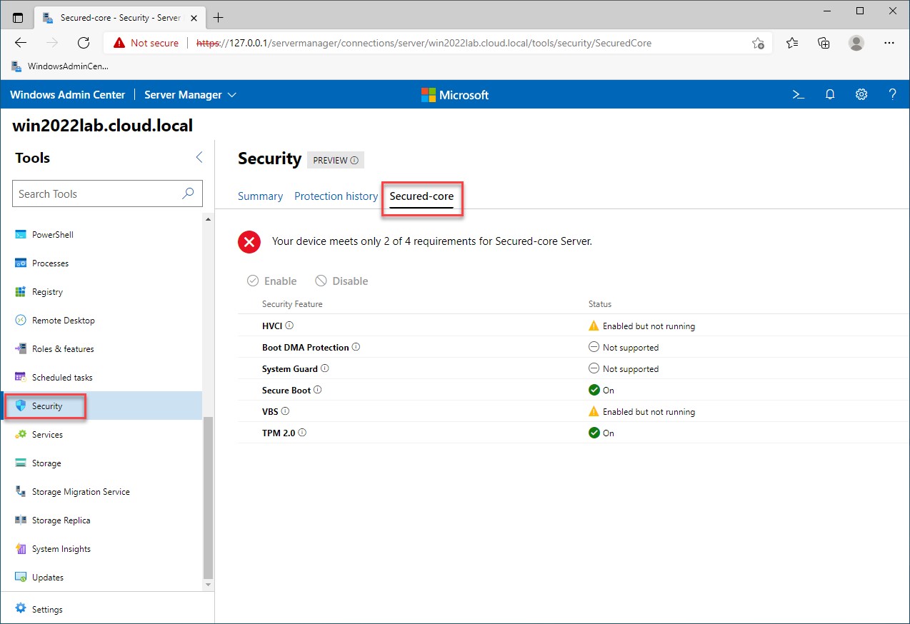 Viewing secured-core capabilities in Windows Admin Center