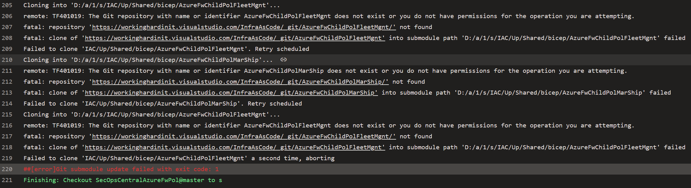 The checkout stage fails with an error when cloning the submodules