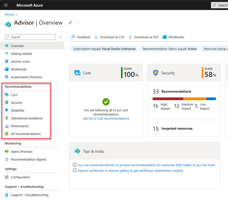 Viewing Azure Advisor recommendations