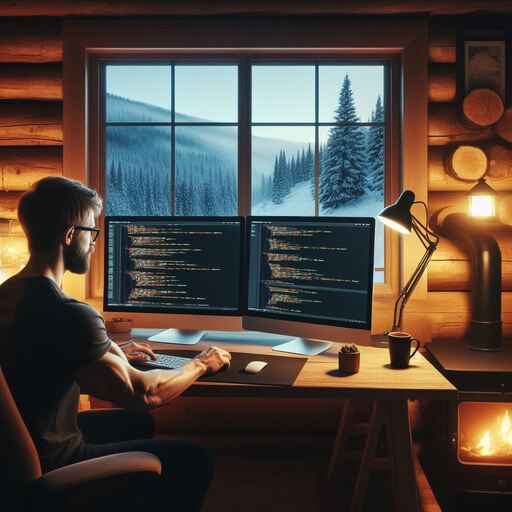 Interior photo of home office with the focus on a wooden desk with dual screen with Bicep code facing a large window . A strong IT pro with glasses is coding. Soft lighting at dusk with a blurred background view of a snowy mountain forest. The interior has log wall, burning wood stove and a lit desk lamp