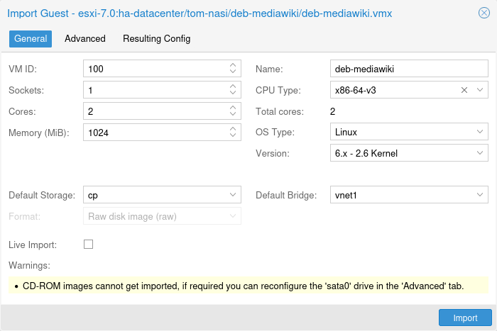 Proxmox VE ESXi import wizard: VM configuration mapping with CPU, memory, storage, and network bridge settings-img Proxmox VE ESXi import wizard: VM configuration mapping with CPU, memory, storage, and network bridge settings