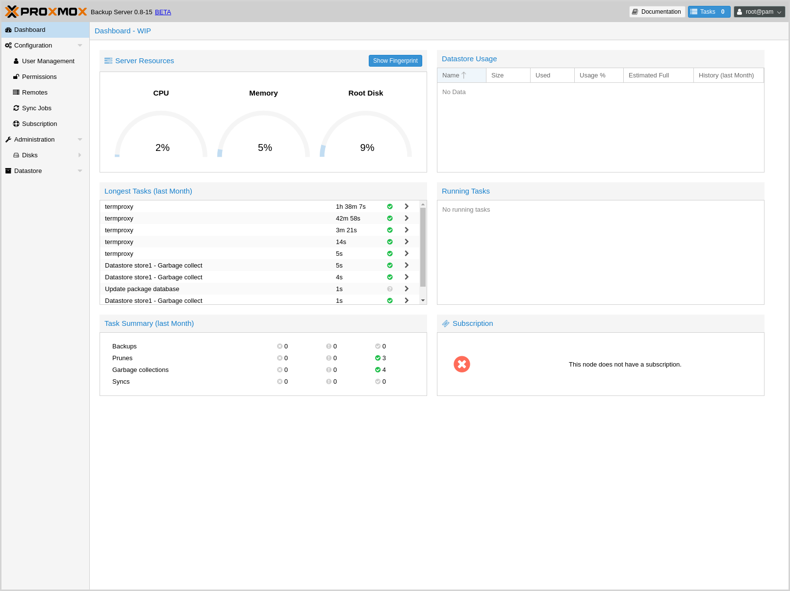 Proxmox Backup Server dashboard: server resource utilization, datastore usage, task history, and subscription status-img Proxmox Backup Server dashboard: server resource utilization, datastore usage, task history, and subscription status