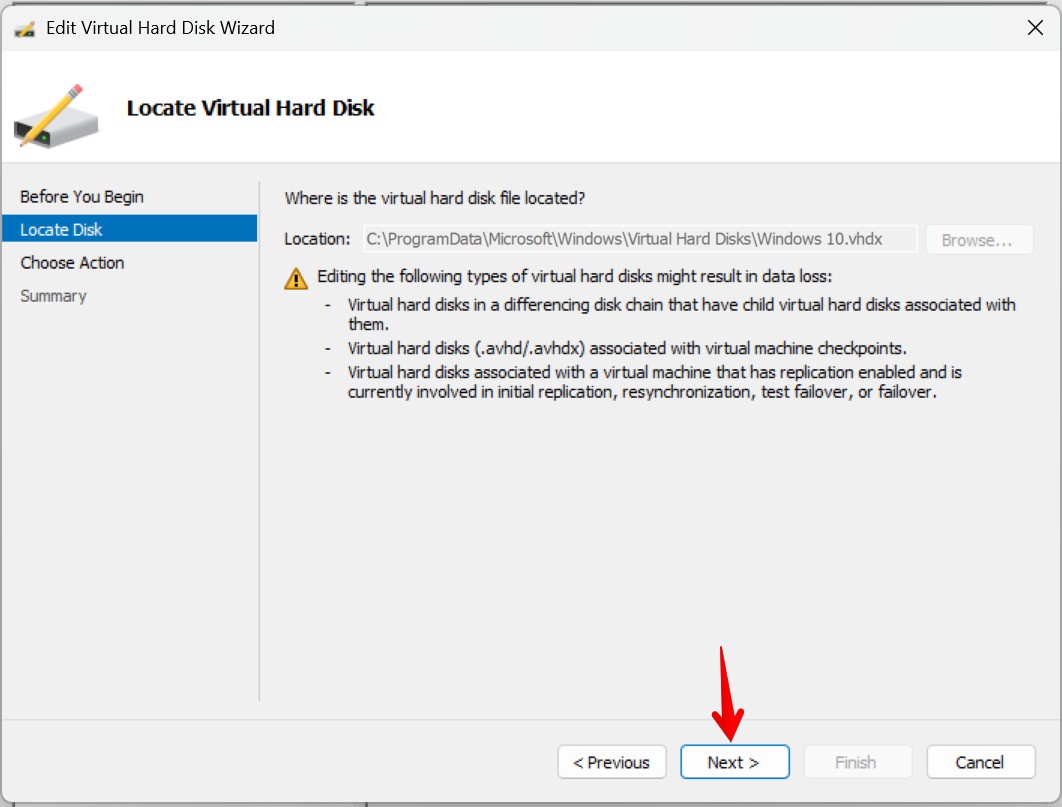 Edit Virtual Hard Disk wizard | Locate Disk | Next- img Edit Virtual Hard Disk wizard | Locate Disk | Next