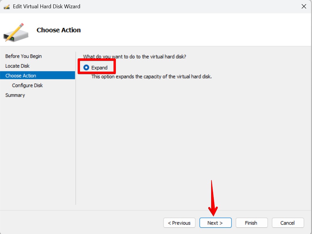 Edit Virtual Hard Disk Wizard | Choose Action | Expand | Next- img Edit Virtual Hard Disk Wizard | Choose Action | Expand | Next