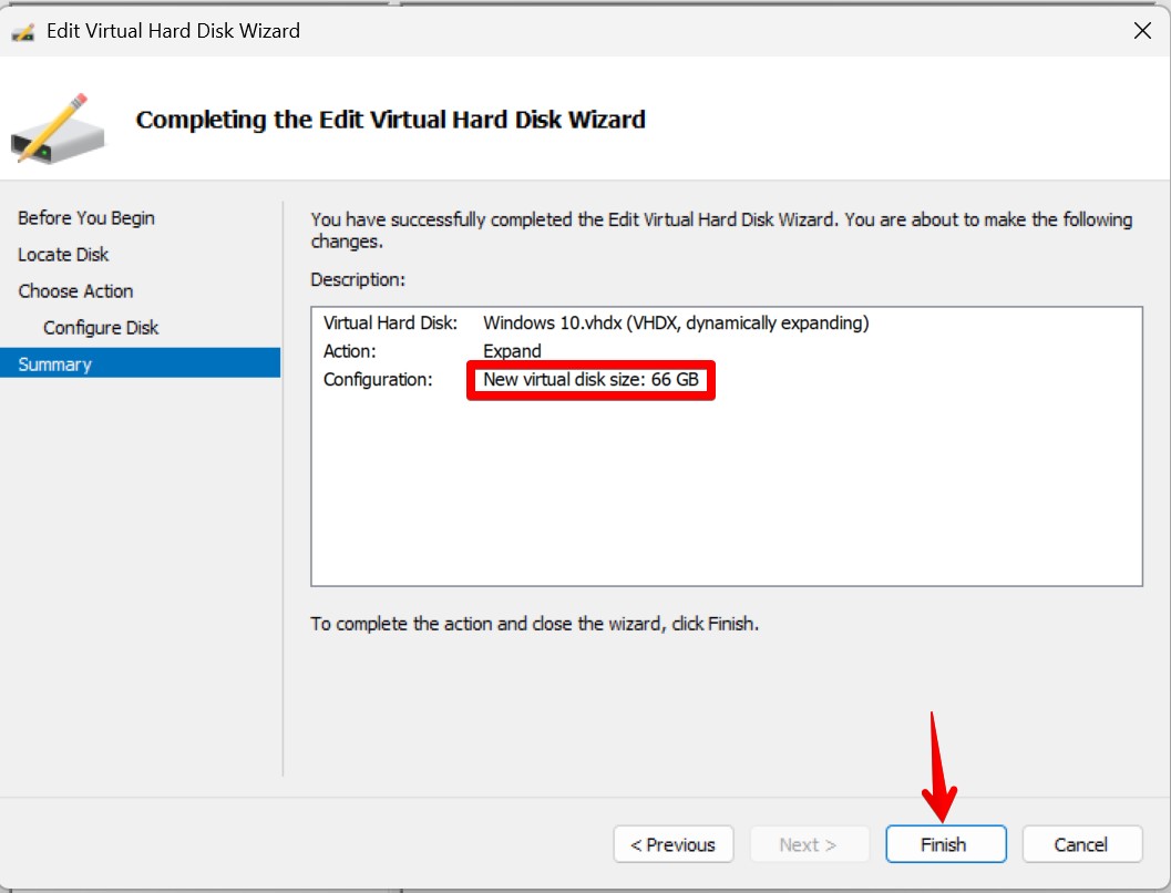 Edit Virtual Hard Disk Wizard | Summary | Newvirtual disk size 66 GB | Finish- img Edit Virtual Hard Disk Wizard | Summary | Newvirtual disk size 66 GB | Finish