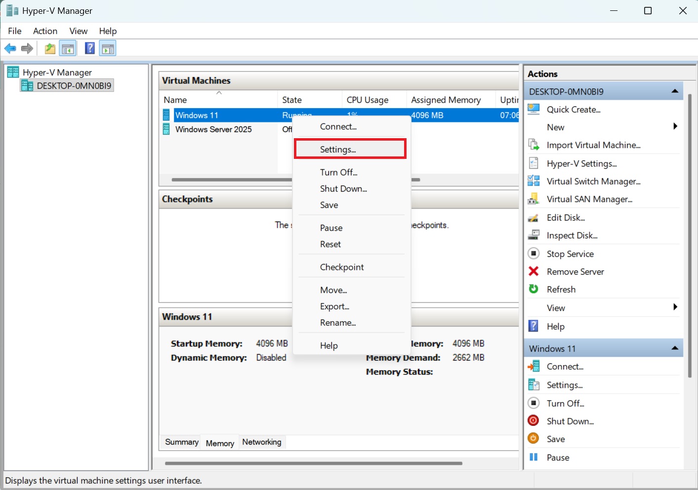 Hyper-V Manager | DESKTOP-0MN0BI9 | Settings | Windows 11- img Hyper-V Manager | DESKTOP-0MN0BI9 | Settings | Windows 11