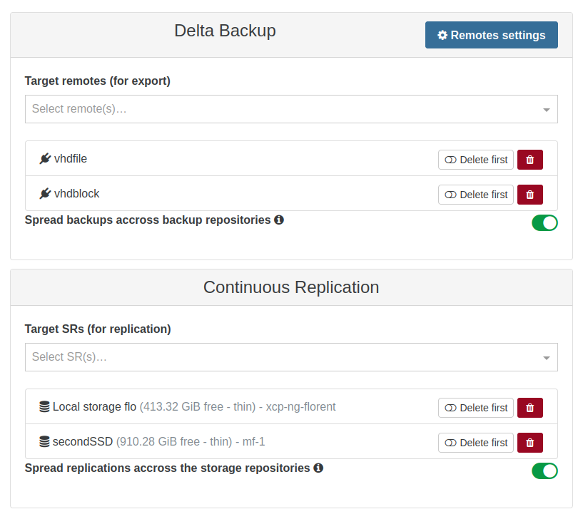 XO backup job configuration: delta backup and continuous replication settings with target storage selection-img XO backup job configuration: delta backup and continuous replication settings with target storage selection