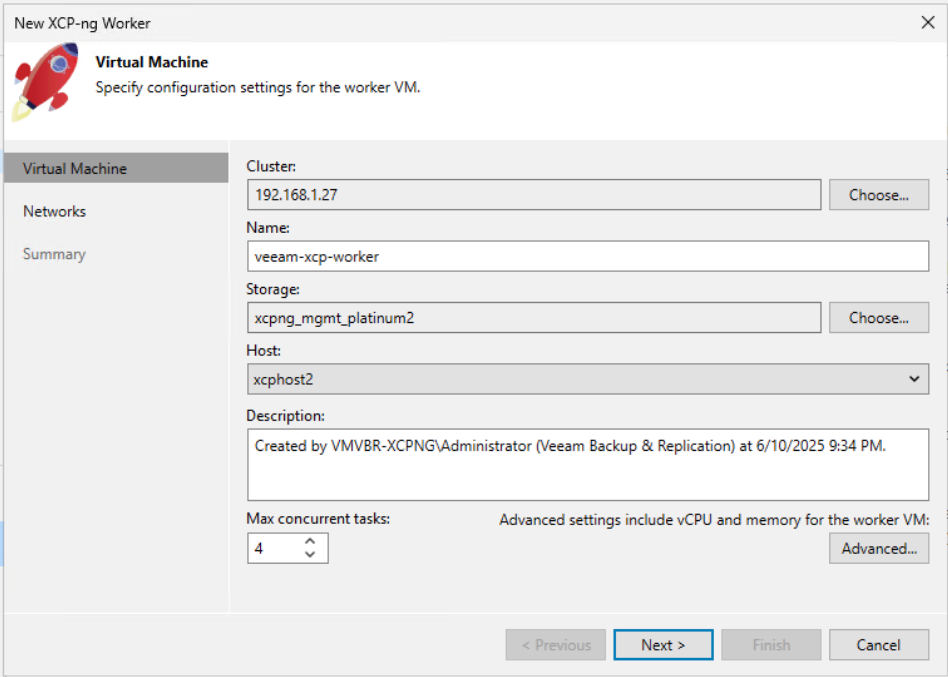 Veeam XCP-ng worker VM configuration: cluster, storage, and host selection for the backup proxy-img Veeam XCP-ng worker VM configuration: cluster, storage, and host selection for the backup proxy