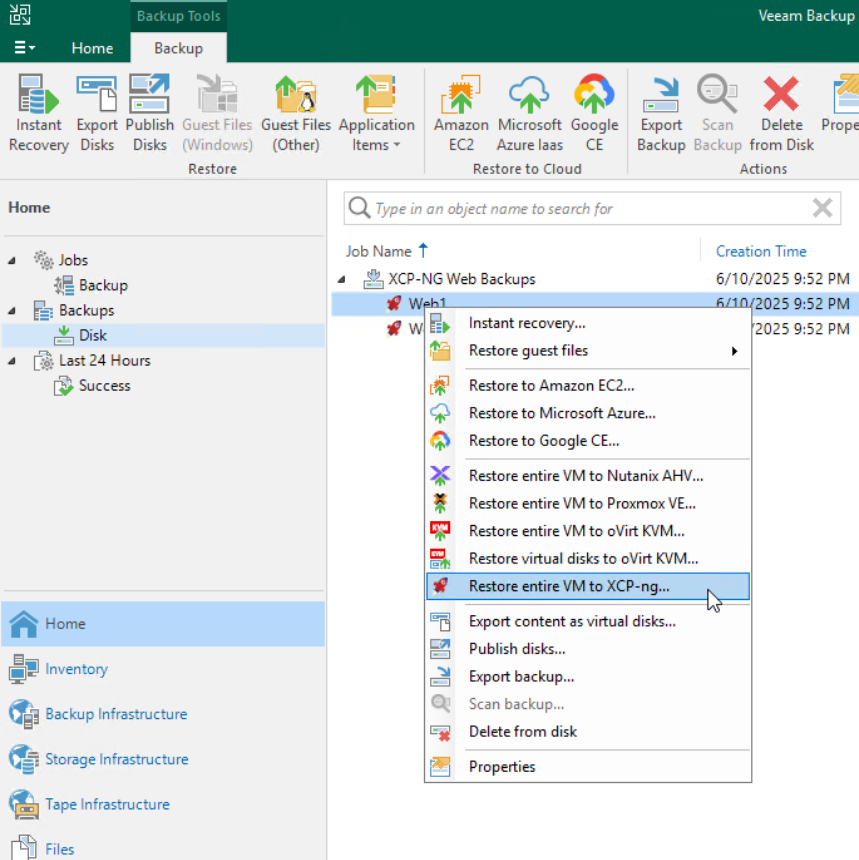 Veeam backup job for XCP-ng VMs showing restore options including cross-hypervisor recovery to Nutanix, oVirt, Proxmox, and XCP-ng-img Veeam backup job for XCP-ng VMs showing restore options including cross-hypervisor recovery to Nutanix, oVirt, Proxmox, and XCP-ng