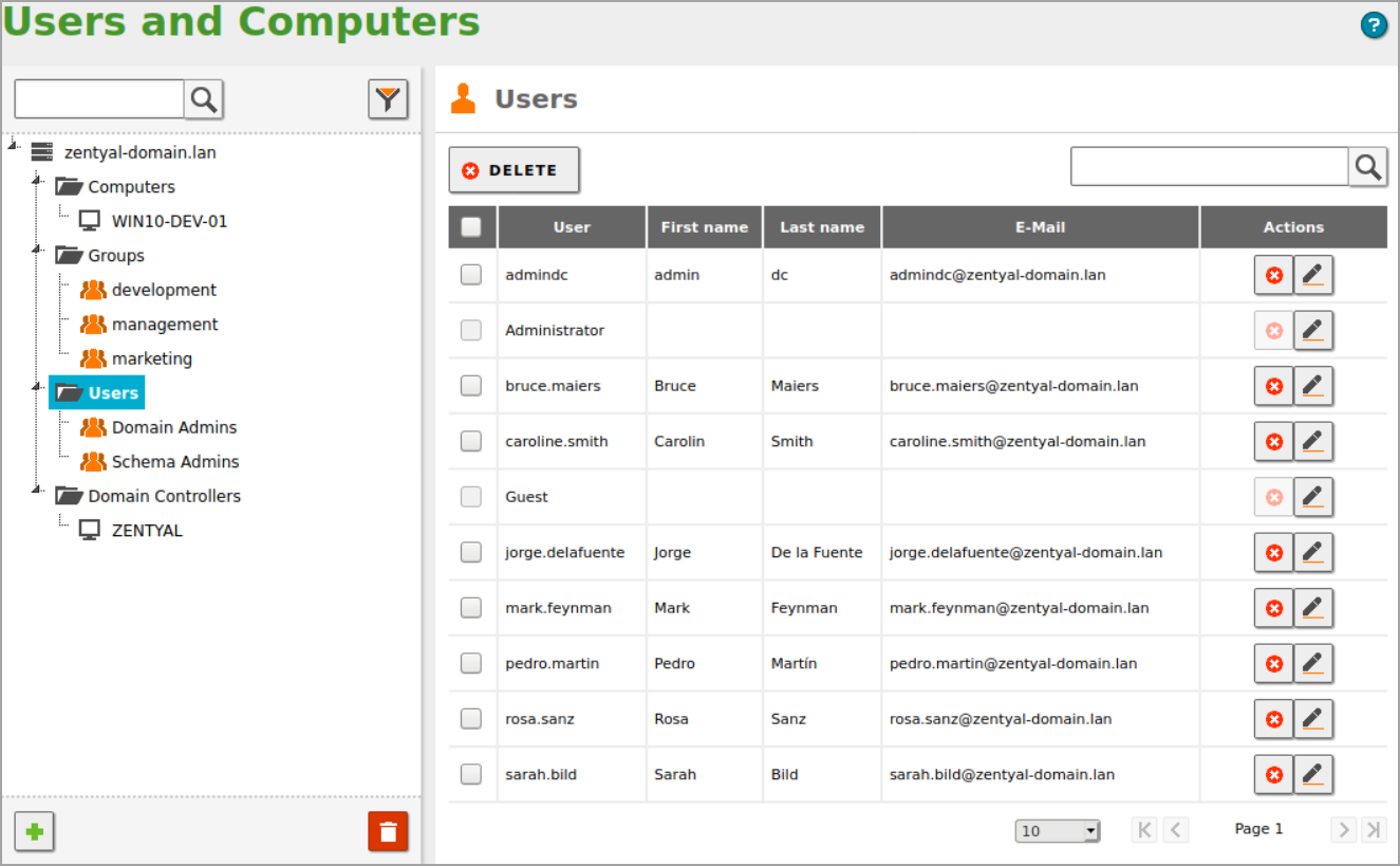 The UI of Zentyal – user and computer management console