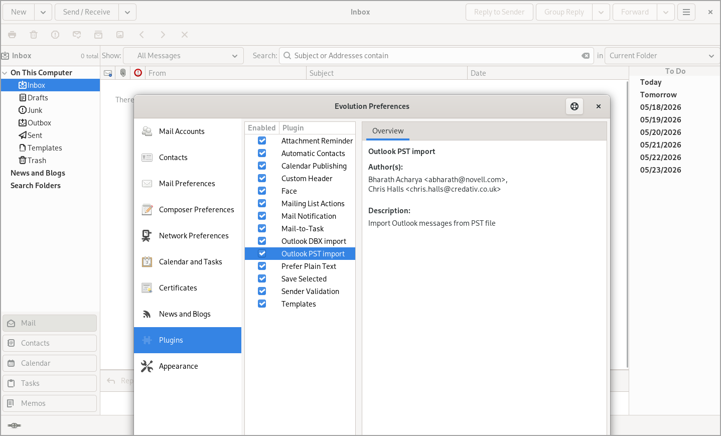 Evolution email client with built-in PST import