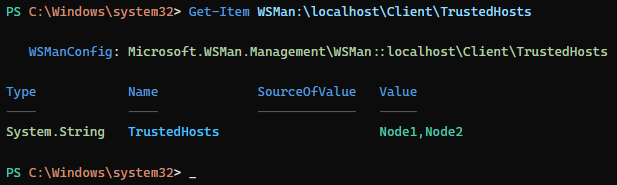 Verifying the TrustedHosts configuration for WinRM. 