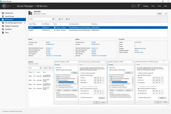 Server Manager displaying the completed two-node workgroup cluster with both servers, cluster services, and StarWind Virtual SAN configured and operating normally.