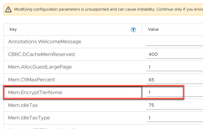 Enabling host-level Memory Tiering encryption using the Mem.EncryptTierNvme advanced setting-img Enabling host-level Memory Tiering encryption using the Mem.EncryptTierNvme advanced setting