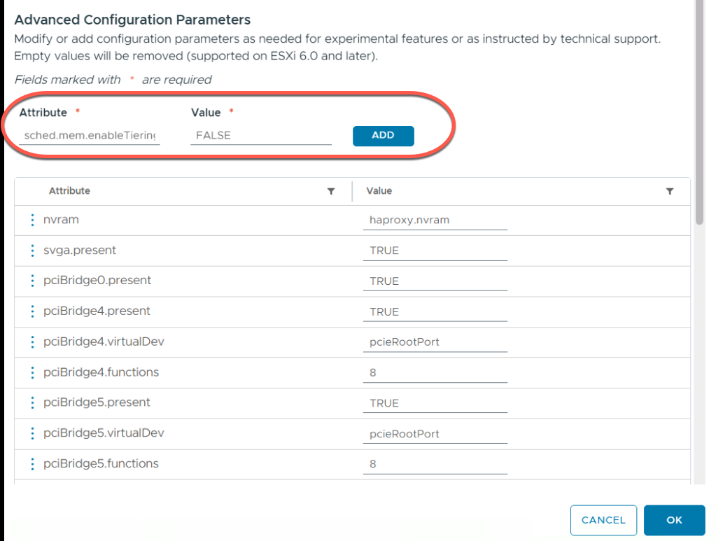 Disabling Memory Tiering for a specific virtual machine by setting sched.mem.enableTiering = FALSE in the VM's advanced configuration parameters-img Disabling Memory Tiering for a specific virtual machine by setting sched.mem.enableTiering = FALSE in the VM's advanced configuration parameters
