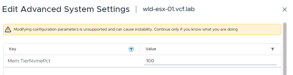 Configuring the Memory Tiering ratio through the Mem.TierNvmePct advanced host setting-img Configuring the Memory Tiering ratio through the Mem.TierNvmePct advanced host setting
