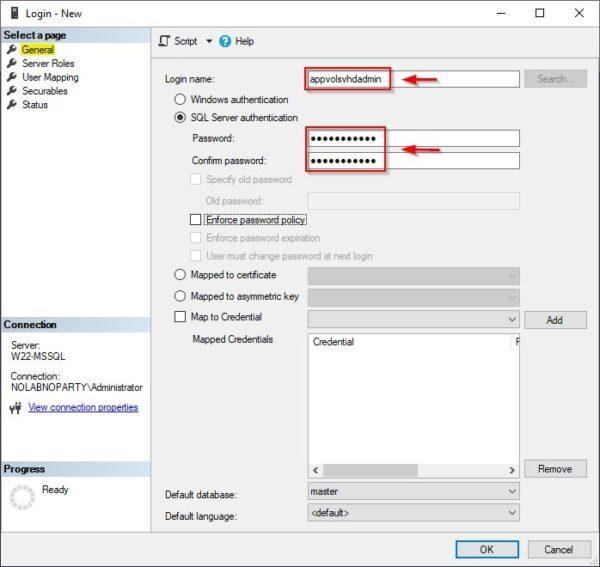 configure the Password for SQL Server authentication