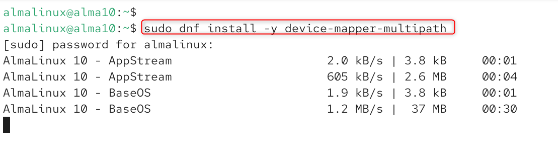 Terminal output from installing device-mapper-multipath with dnf-img Terminal output from installing device-mapper-multipath with dnf