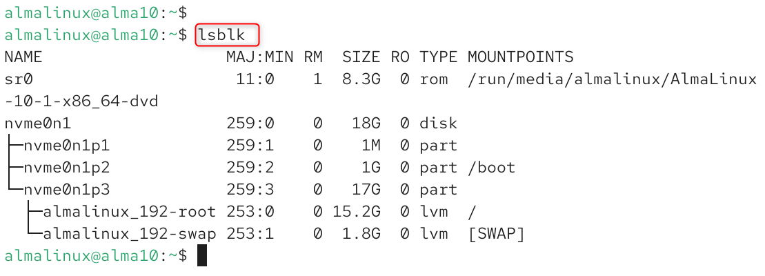 Terminal output from lsblk showing block devices on AlmaLinux-img Terminal output from lsblk showing block devices on AlmaLinux