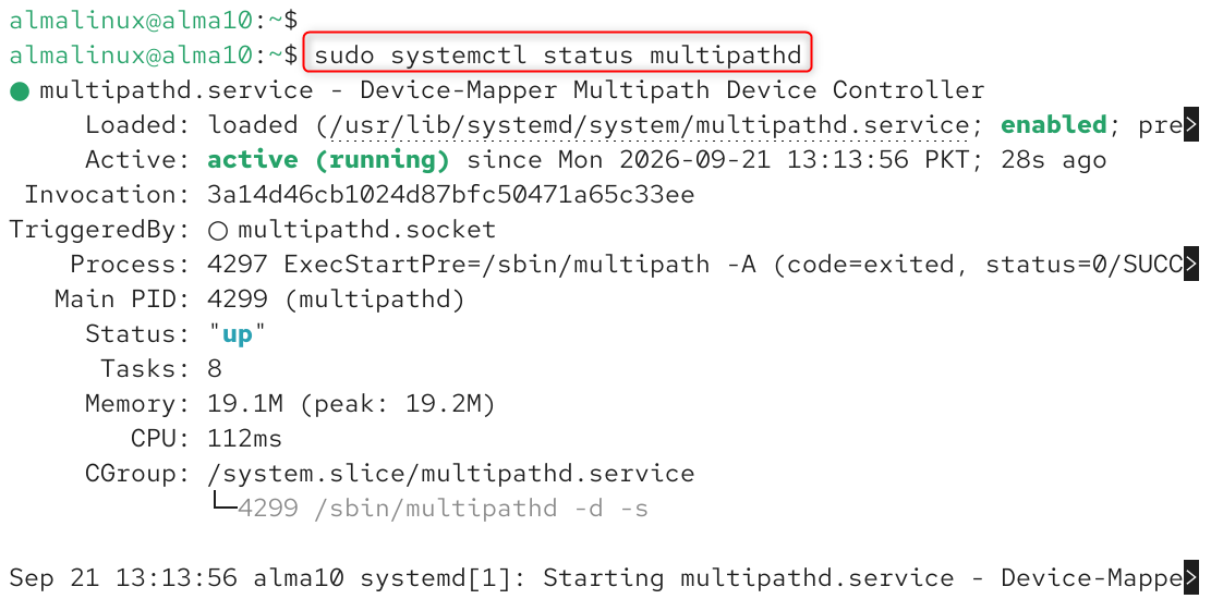 Terminal output showing the multipathd service active and running- img Terminal output showing the multipathd service active and running