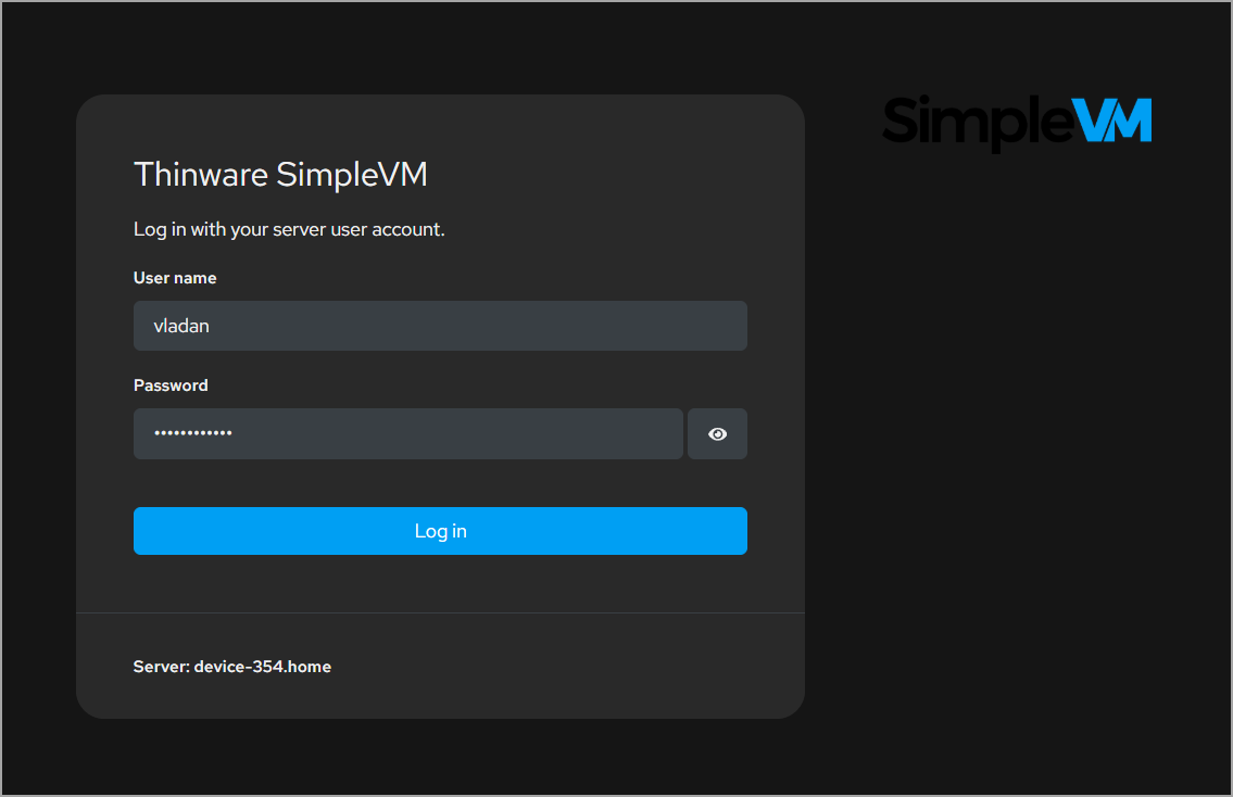 Login screen of Thinware SimpleVM- img Login screen of Thinware SimpleVM
