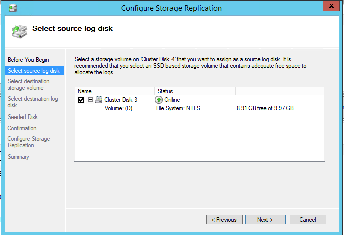 Configure Storage Replication select source log disk