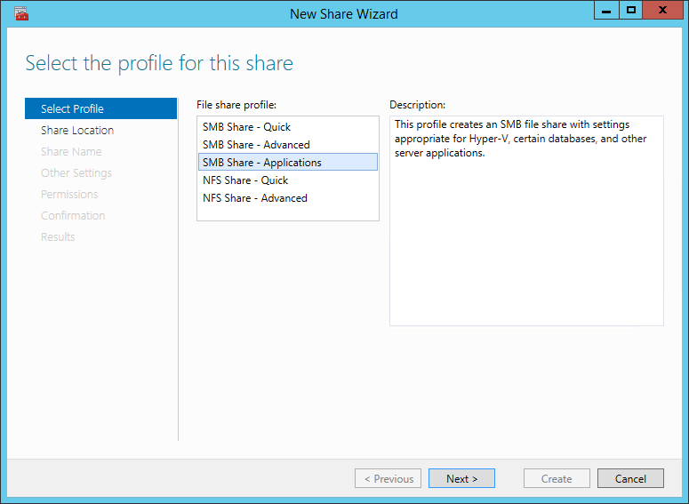 New Share Wizard Select profile smb share application