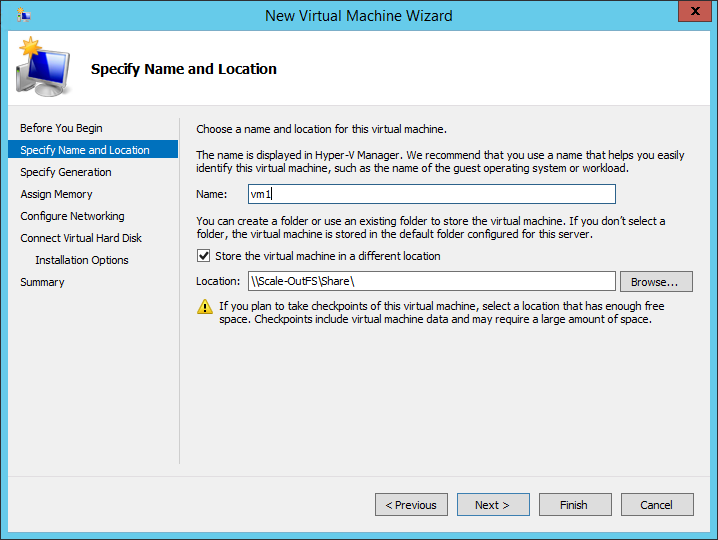 New Virtual Machine Wizard Specify Name and Location
