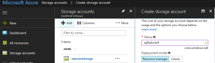 Create Storage Account tab to create the Azure storage account