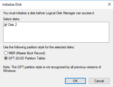 When the Initialize Disk dialog box appears, make sure that all iSCSI disks previously configured are selected. Click OK to initialize as GPT.