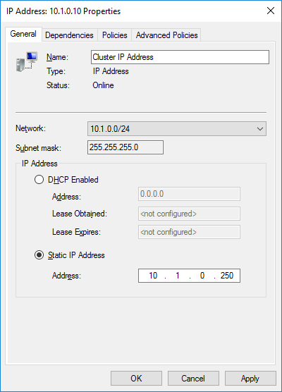 This will assign the new static IP address to the WSFC virtual host name/client access point.