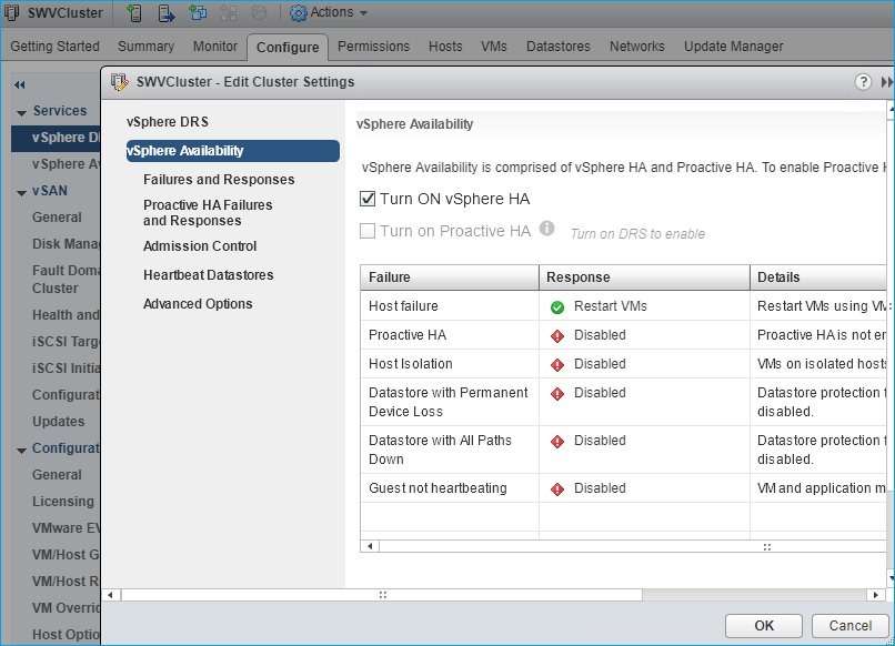 vSphere HA option