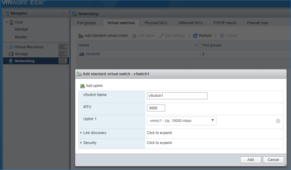 Create vSwitch for the iSCSI traffic