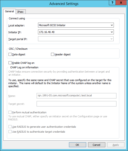 Select Microsoft iSCSI Initiator as Local adapter
