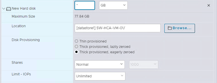 2. Specify the size and type of the new hard disk.