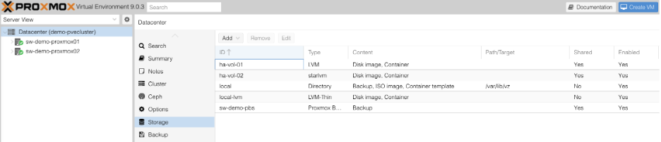 Open the Proxmox Web UI. | You will be able to see starlvm storage type in your Datacenter | Storage- img Open the Proxmox Web UI. | You will be able to see starlvm storage type in your Datacenter | Storage